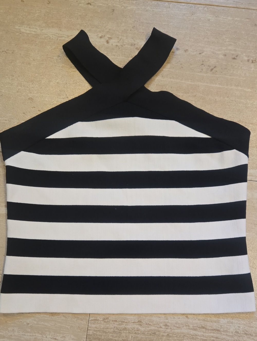 Sincerely Jules Black/White Stripe Criss-Cross Halter Top